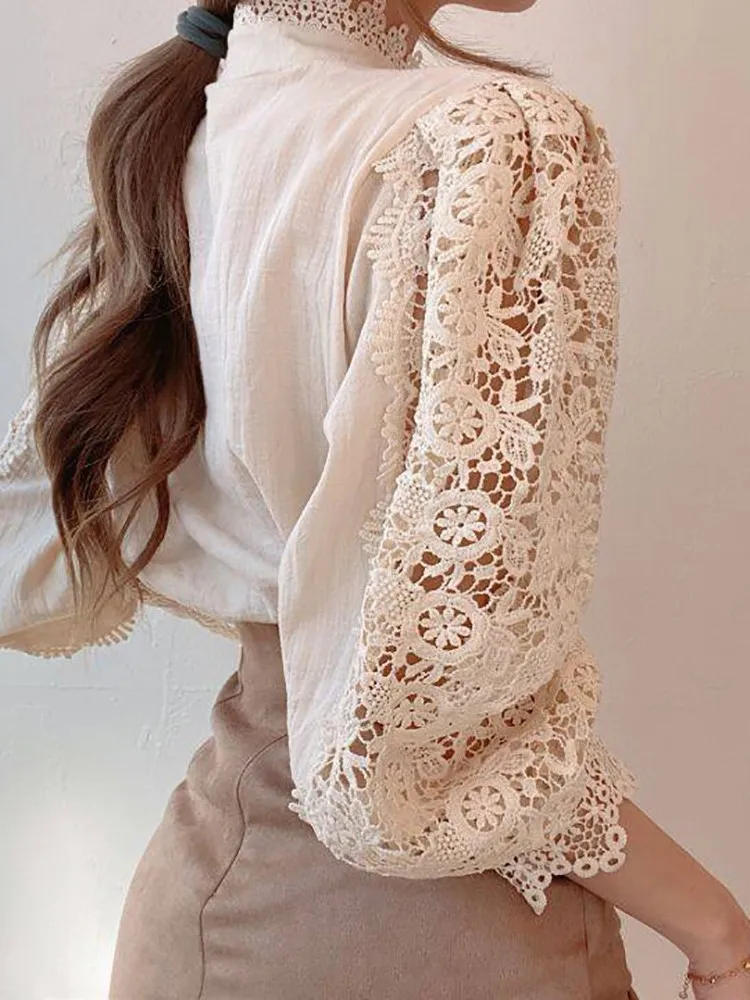 Spring Summer Women Vintage White Lace Blouse Shirts Fashion Korean Button Loose Shirt Tops Female Hollow Casual Ladies Blouses