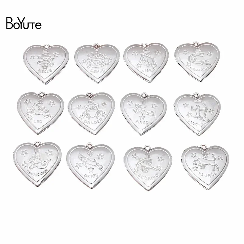 

BoYuTe (12 Pieces/Set) 28MM Metal Brass Heart Shape Zodiac Locket Pendant Vintage Photo Locket Factory Direct Sale