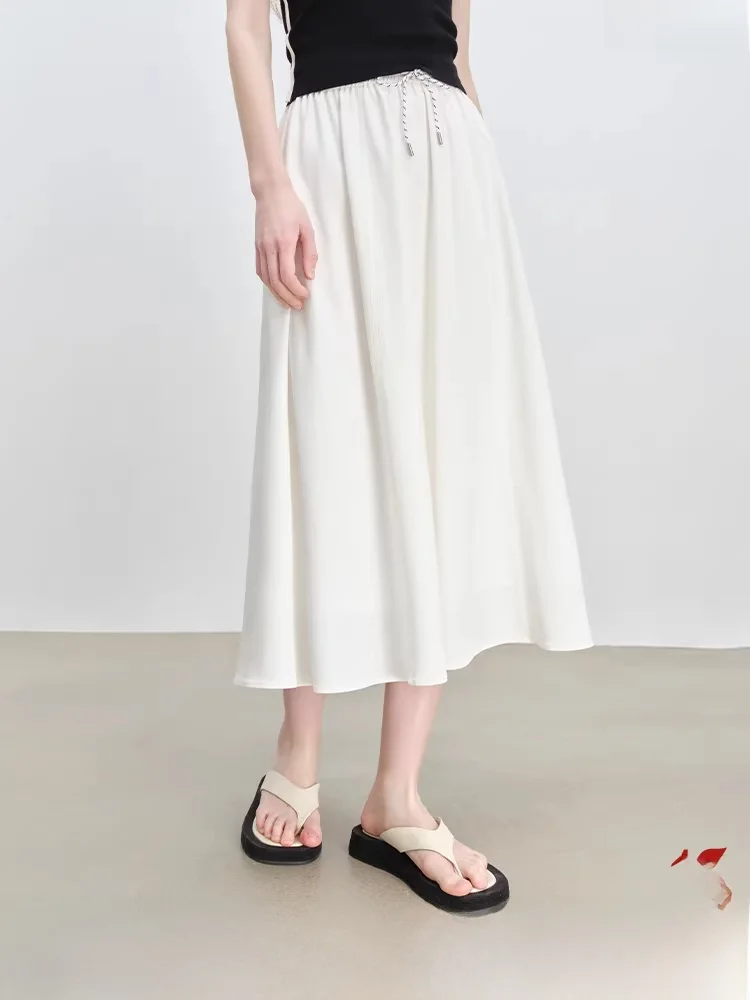 

White Miu Sle Dstring A-Line Umbrella Skirt Women's Simple Elegance f-length Skirts Commute High Waist Stand Fit