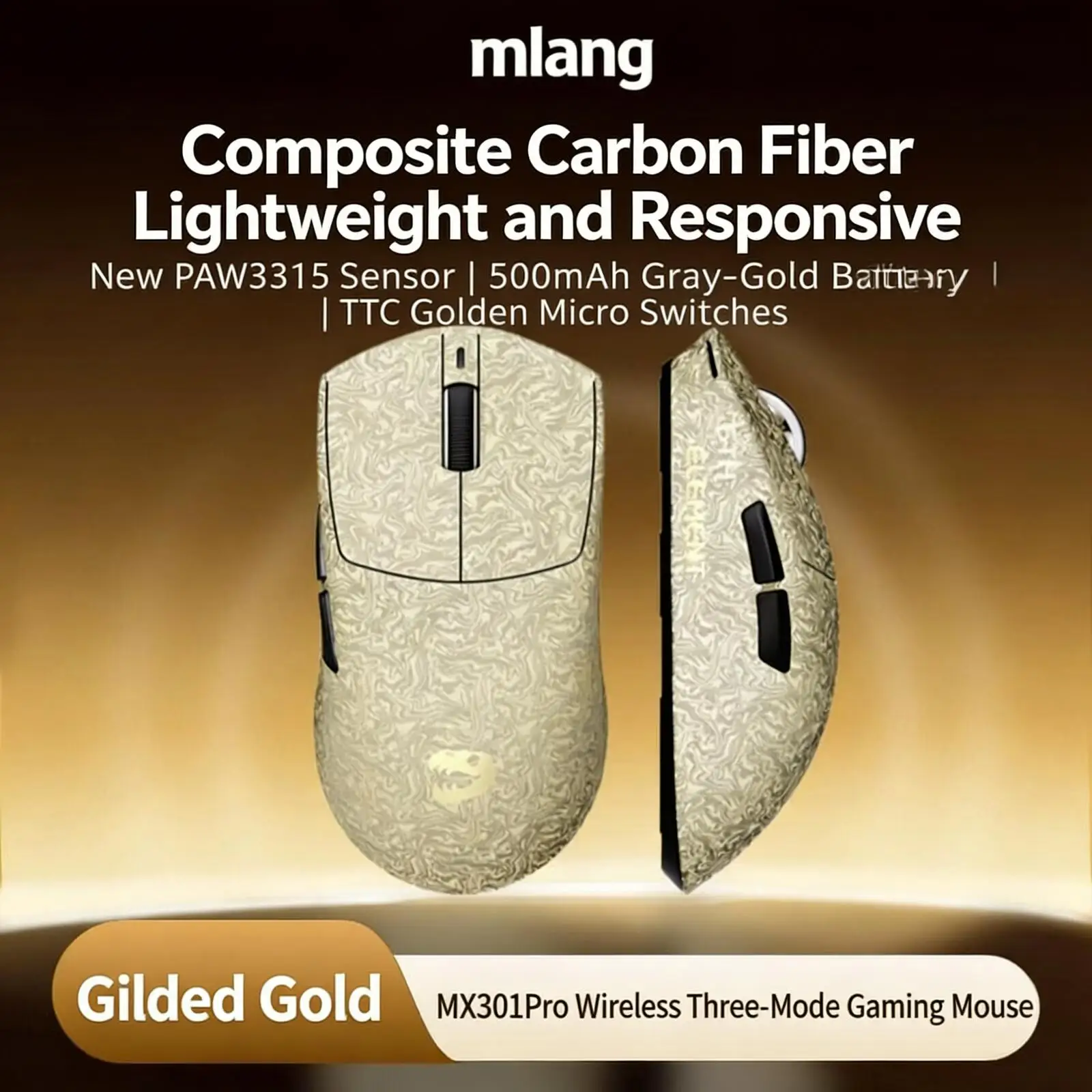 MX301PRO Tri-mode Wired Wireless Bluetooth Gaming Mouse Carbon Fiber Composite PAW3315 Sensor  Anti-slip Grip Mice For PC Laptop