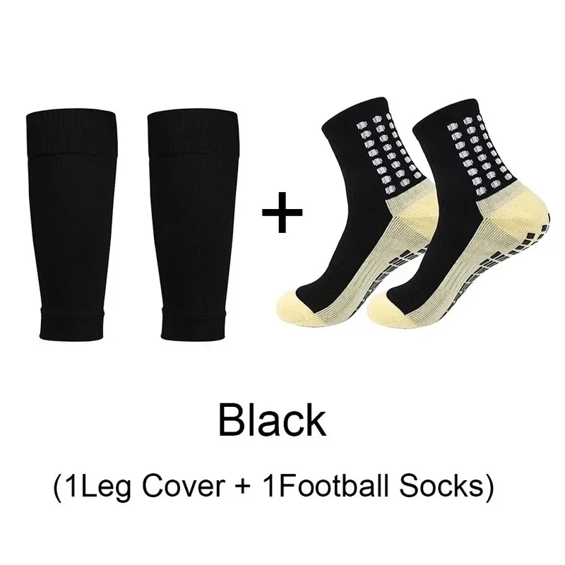 2 Pairs Anti-Slip Silicone Bottom Football Socks and Sports Leg Sleeves Set Men Breathable Running Soccer Cycling Sports Socks