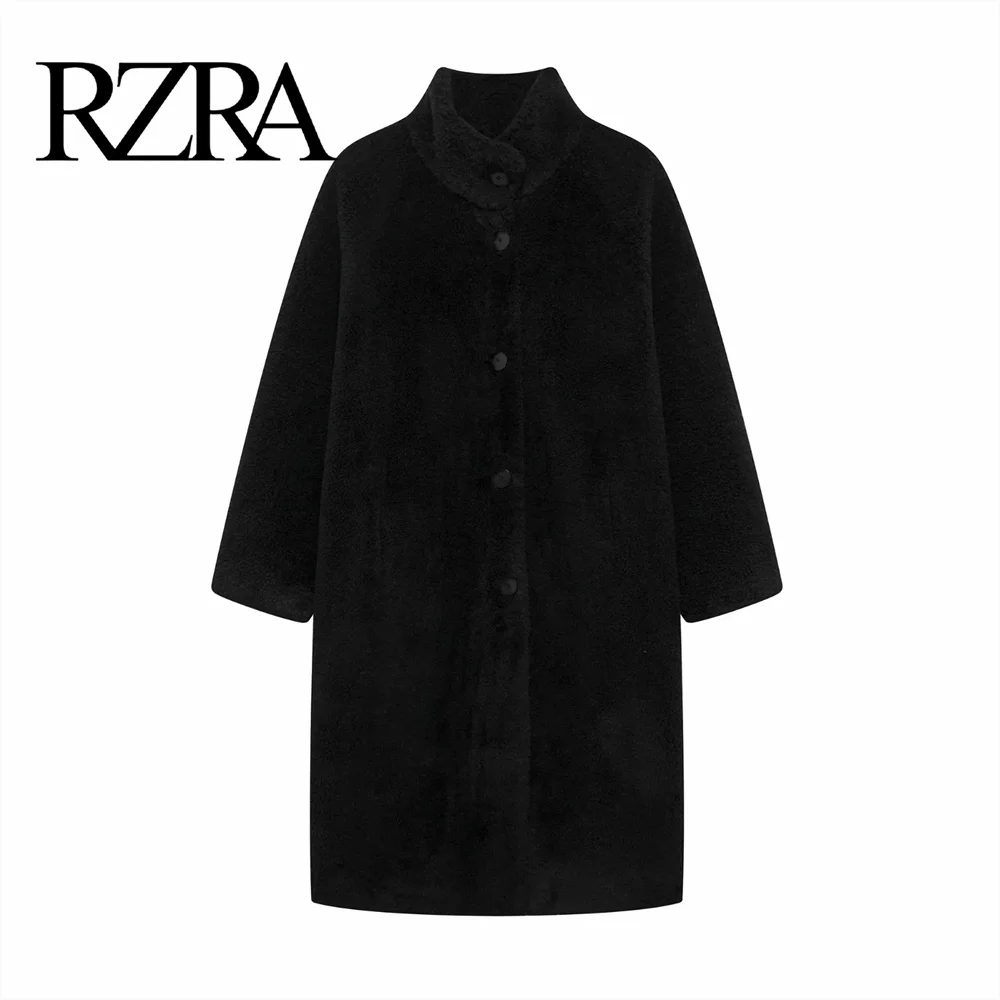 RZRA Women's new autumn and winter black casual fleece long sleeved stand up collar temperament coat jacket