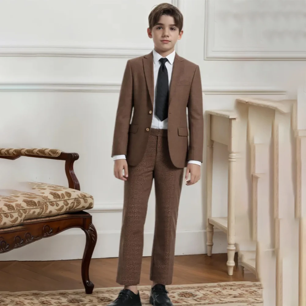 

Brown Children Suits Fashion Single Breasted Peak Lapel Slim Fit Boy's Clothing Customized 2 Piece Jacket Pants Full Sets