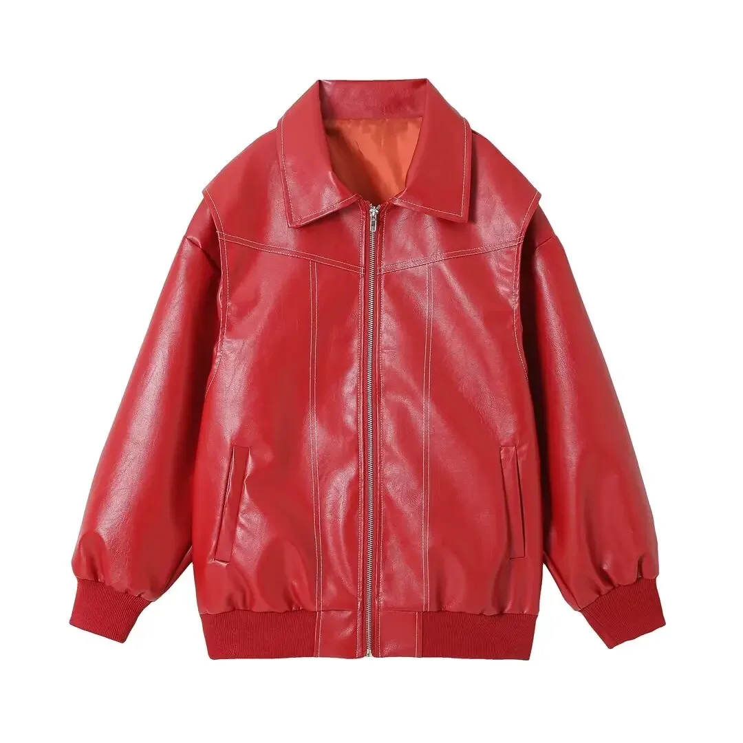 Imagem -02 - Jaqueta de Couro Sintético Vermelho Vintage Feminina Cabolsa Chique com Zíper Roupa de Bolso Solta Streetwear de pu Primavera Inverno