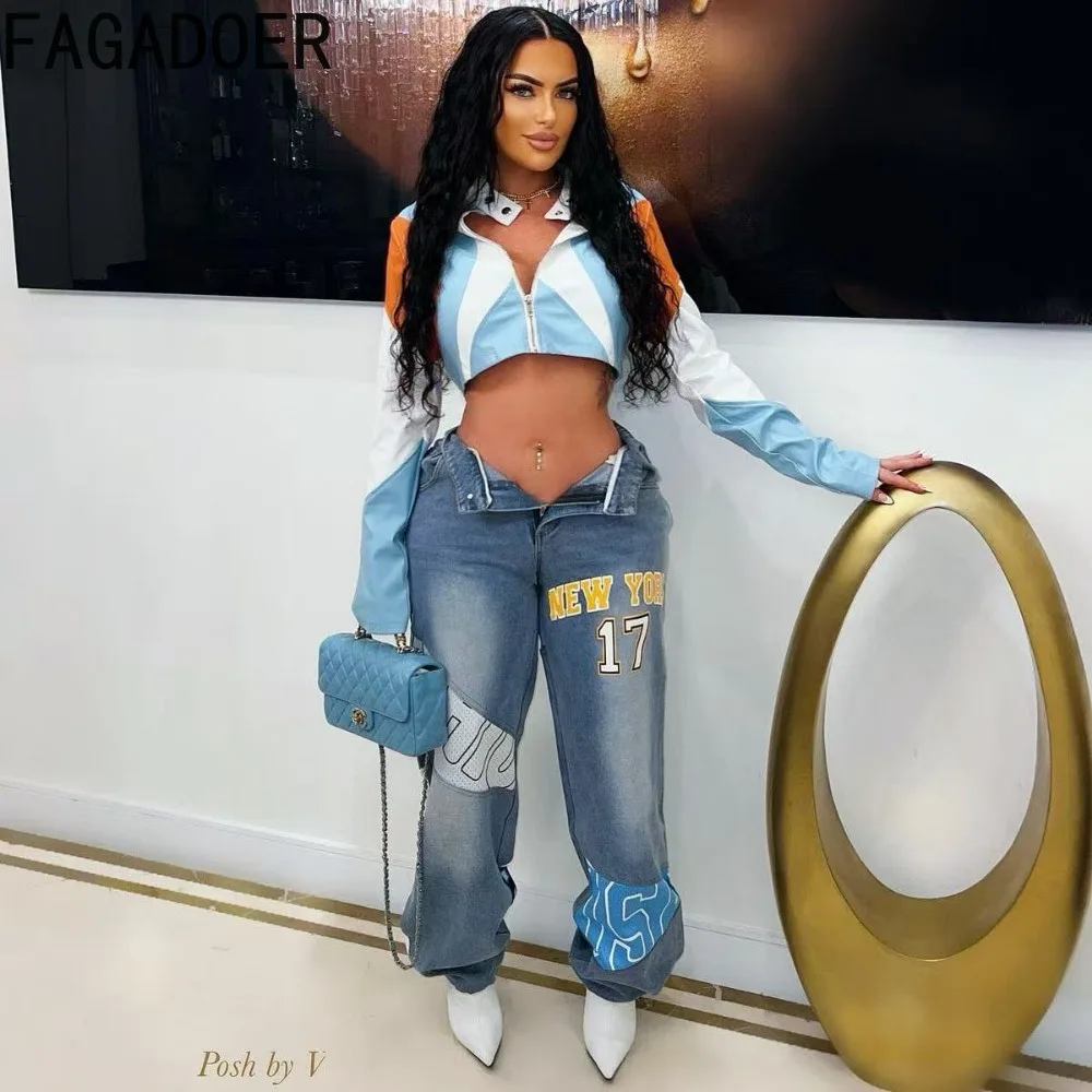 FAGADOER Punk Fashion Leather Patchwork Bodycon Jacket Woman Moto Color Block Long Sleeve Jacket Female Streetwear Clothing New