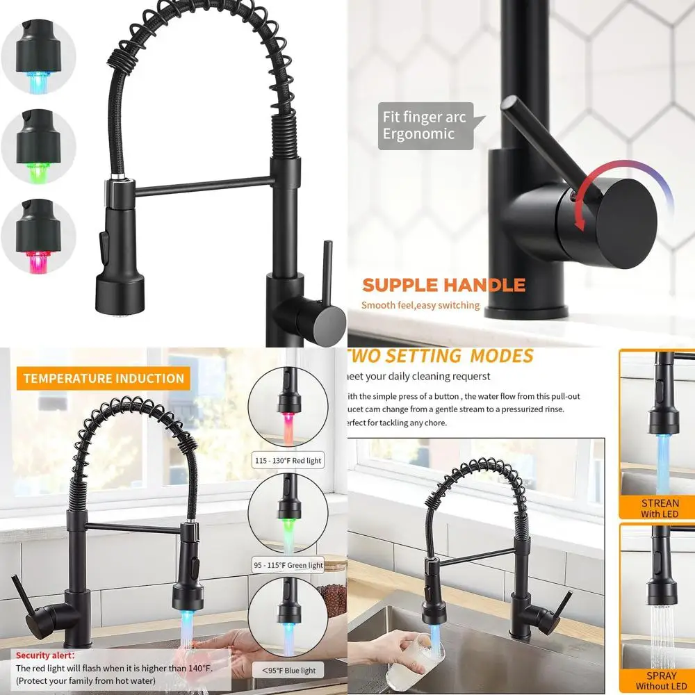 

Матовый черный выдвижной кухонный смеситель с одной ручкой и светодиодной подсветкой, модель 9005R