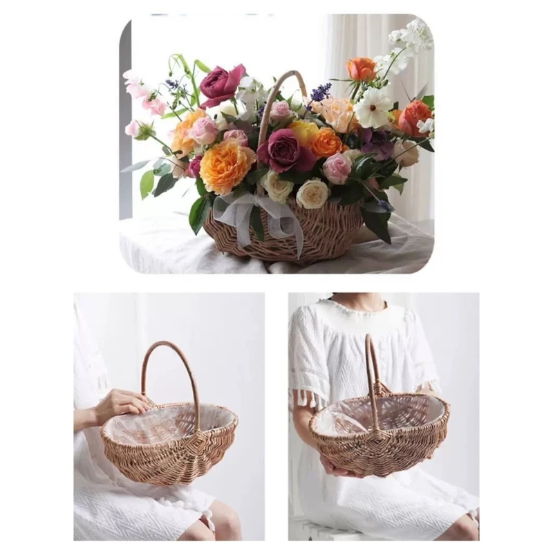 Handwoven Flower Basket with Handle Multifunction Pepper Collection Box