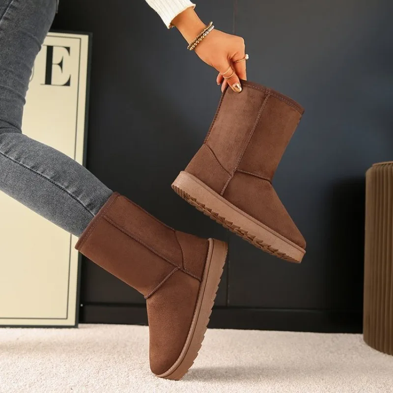 Women's Boots Round Toe Flat Heel Suede-Look Upper Slip-On Structure Plush Lining Mid-Calf Height Casual Winter Outdoor Footwear