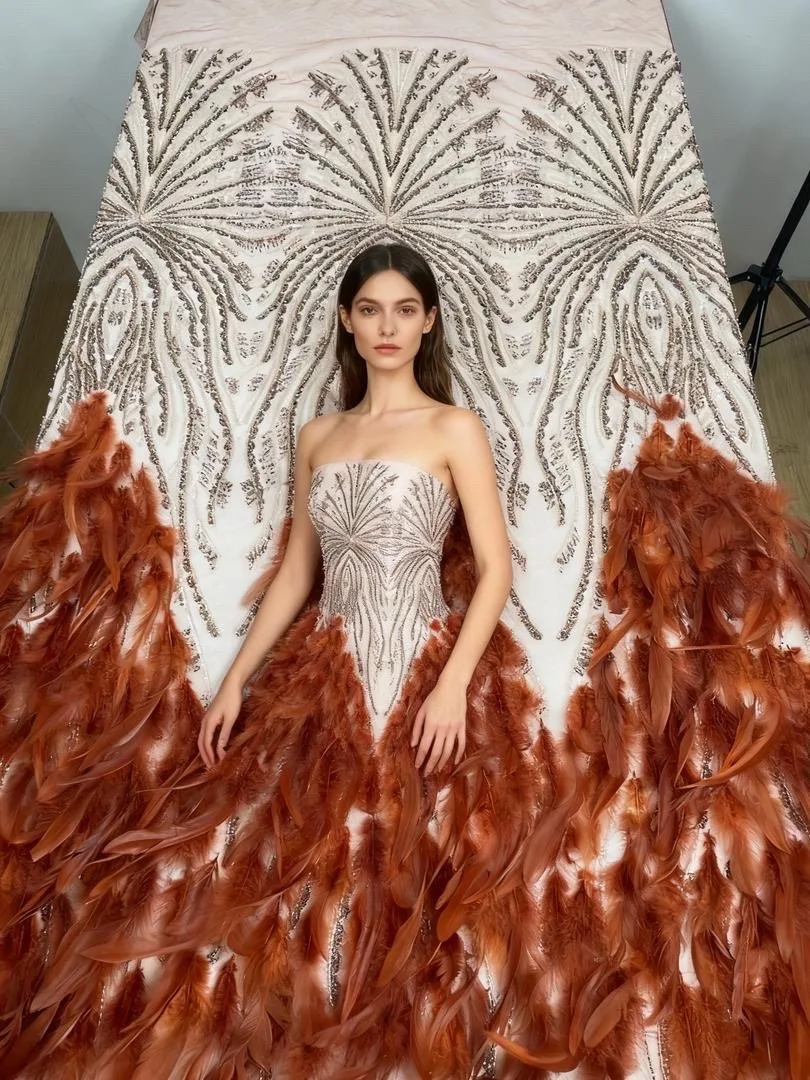 

3D Feather African Lace Fashion Embroidery Beaded Lace Fabric 2025 High Quality French Nigerian Sequin Lace Fabric Dress Sewing