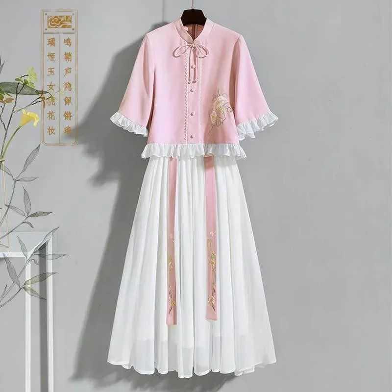 Zomer Dames Moderne Hanfu Chinese Chiffon Blauwe Top Met Korte Mouwen Witte Geplooide Rok Set Plus Maat 3xl Kostuum Traditionele Jurk