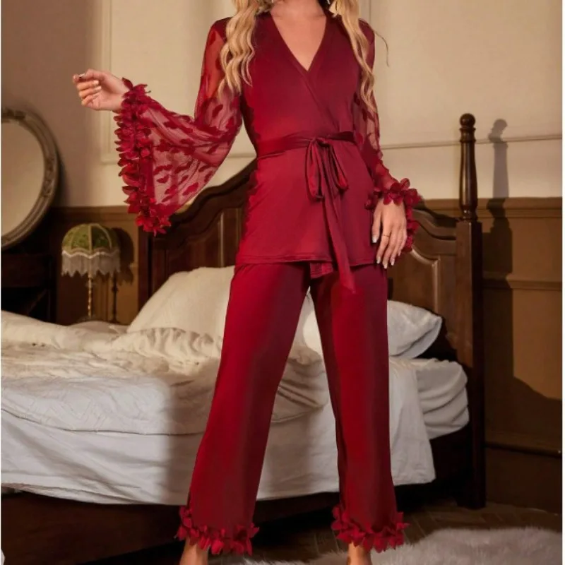

2025 Woman Clothes Sexy Sleepwear Net Mesh Flared Sleeve Petal-like Silk-Like Embroidery Women's Homewear Set Pajamas for Women