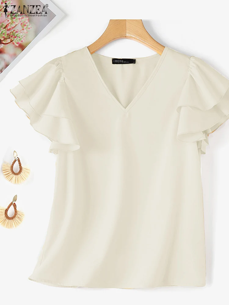 Zomer Kantoor Werk Shirts Elegante Vrouwen Ruches Blouse 2025, ZANZEA Mode V-hals Korte Mouw Vakantie Tops Tuniek Vrouwelijke Blusas