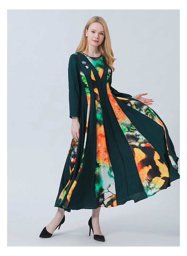 Party Prom Butterfly Multicolor Print Silk Dress Boho Autumn Long-sleeved O-Neck Women Dresses 2022 A-line Vestidos AE1020