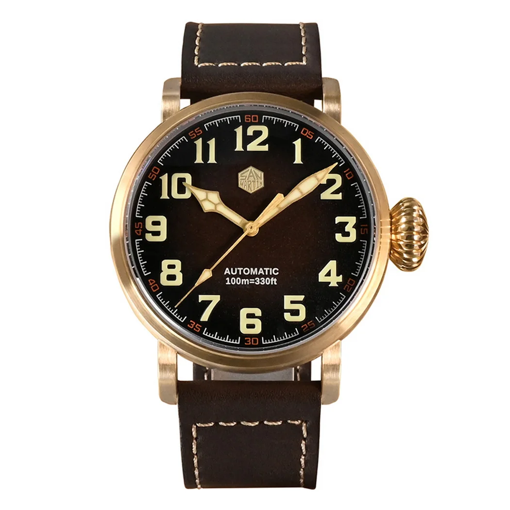 

San Martin Men Automatic Watch 45MM Pilot Sport Bronze Mechanical Wristwatch Military Sapphire 100m Waterproof C3 Luminous YN55A