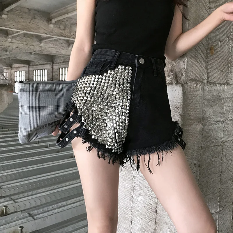 Sommer Seite Spike Frauen Denim Shorts 2021 Mode Lose Löcher Hohe Taille Jeans Hohe Straße Breite Beine Dünne Shorts Frauen hosen