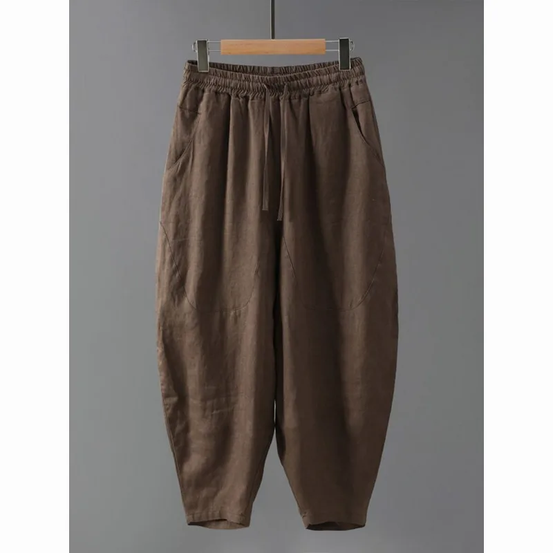 Men Pure Linen Harem Pants Chinese Style Solid Color Loose Tapered Casual Trousers