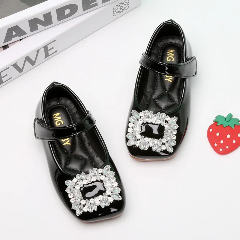 Girls Leather Shoes Korean Style Rhinestones Princess Mary Jane Kids Fashion Flats Hook & Loop Simple Girls Spring Flats Elegant