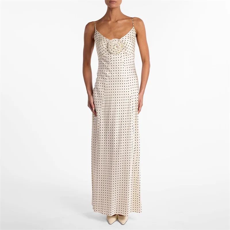 

Spaghetti Strap Polka Point Women's Evening Dress 3D Flower Backless Bandage Gown Elegant Sleeveless Party Skirt Newest In Stock