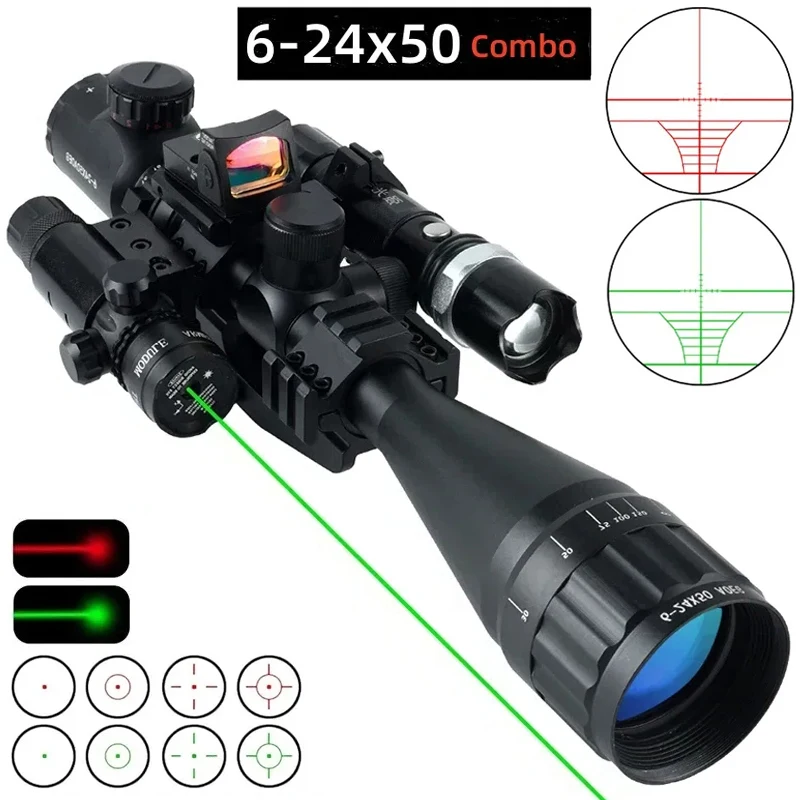 6-24x50 AOEG Optical Sight Long Range Airsoft Rifle Scope with Red Green Dot Laser Combo Riflescope Hunting Tactical Scopes