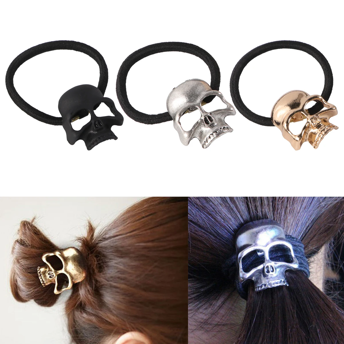 

3pcs Retro Metal Skull Hairbands Elastic Rings Girls Adjustable Ponytail Holders Rubber Bands Hair Accessories