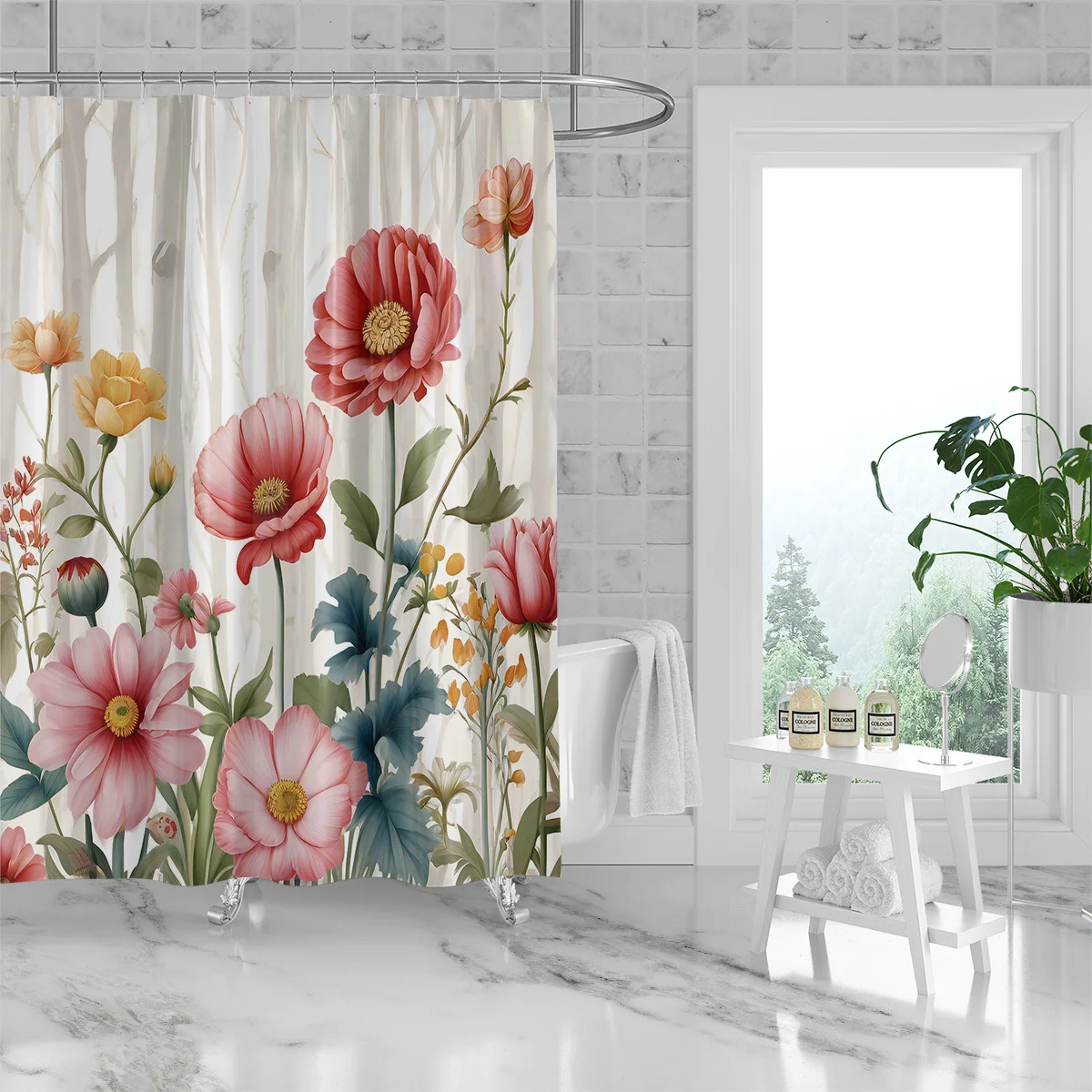 1PC Freshness Flower Series Shower Curtain,3D Embossed Washable Waterproof Shower Curtain,12 hooks,Family Bathroom Decoration