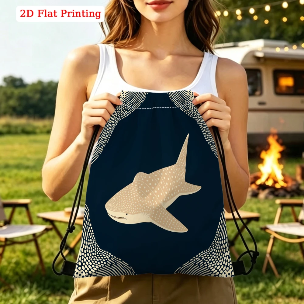 Oceanic Style, Drawstring Backpack, Whale Shark Pattern Print, Gym Sports Bag, Outdoor Travel Cinch Sack