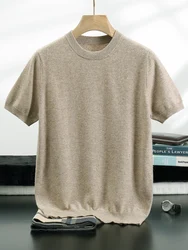 Men Summer Basic T-shirt 100% Cashmere Sweater O-neck Short Sleeve Pullover Smart Casual Clothing Soft Comfy Cashmere Knitwear