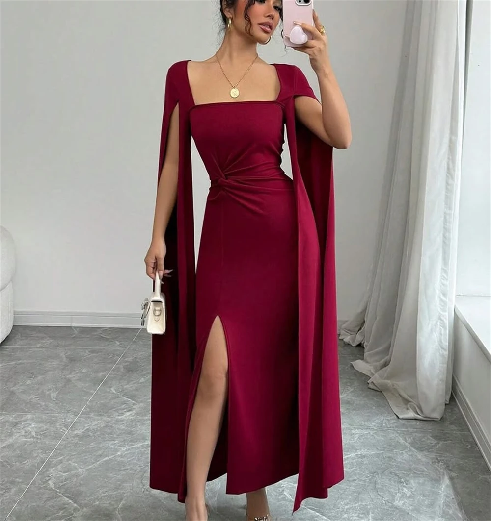 

Customizede Simple Red Jersey Evening Dress Graceful Square Collar Long Sleeves Prom Dress Modern Sweep Train Party Dress