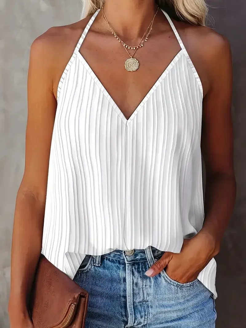 Plus Size 1XL-5XL Women's Fashion V-Neck Halter Neck Tank Tops Ladies Casual Summer Sleeveless Solid Color Backless Summer Tops image 2