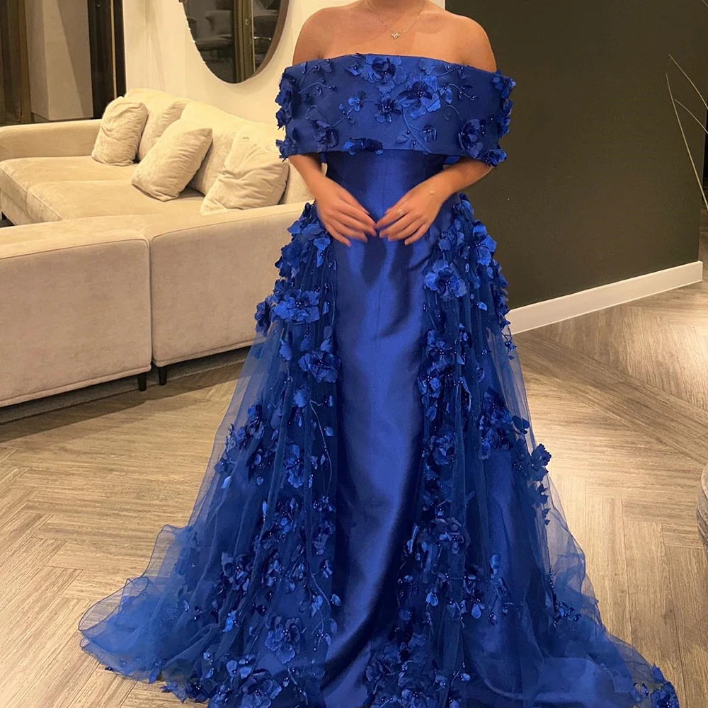 

Customized Satin Straight Off the Shoulder Appliques and Pearls Evening Dress Boat Neck Floor Length Half Sleeves Panel Train