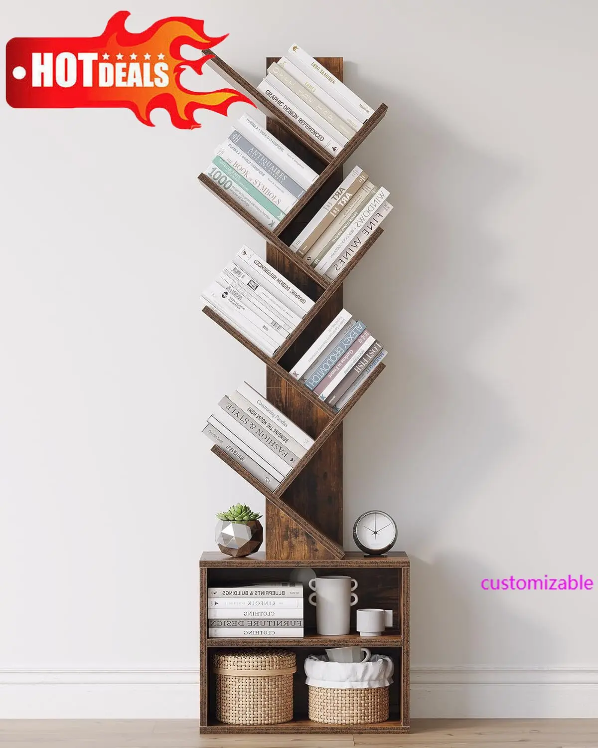 رف كتب على شكل شجرة مكون من 6 طبقات، خزانة كتب صغيرة مع خزانة تخزين، منظم أرفف كتب ضيقة وطويلة حديثة، كتاب قائم على الأرض Sh