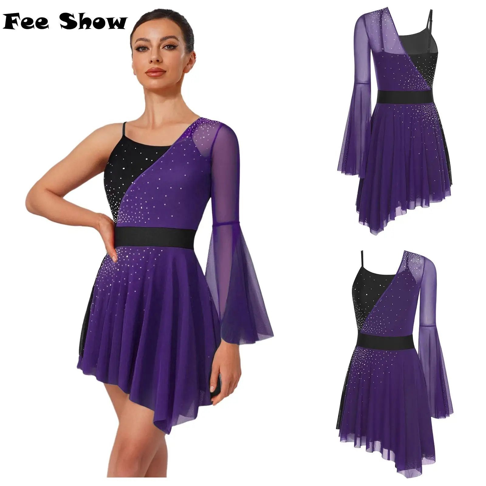 

Женское блестящее платье для фигурного катания, сетчатое платье с расклешенными рукавами и встроенными трусами, нерегулярное платье-купальник для современного танца