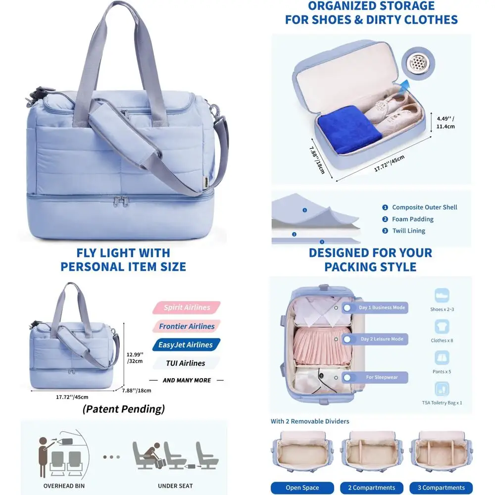 حقيبة سفر منتفخة خفيفة الوزن للنساء مقاس 18 × 14 × 8 مع حجرة للأحذية ومعتمدة من إدارة أمن المواصلات الأمريكية لخطوط الجوية الروحية الشخصية #1
