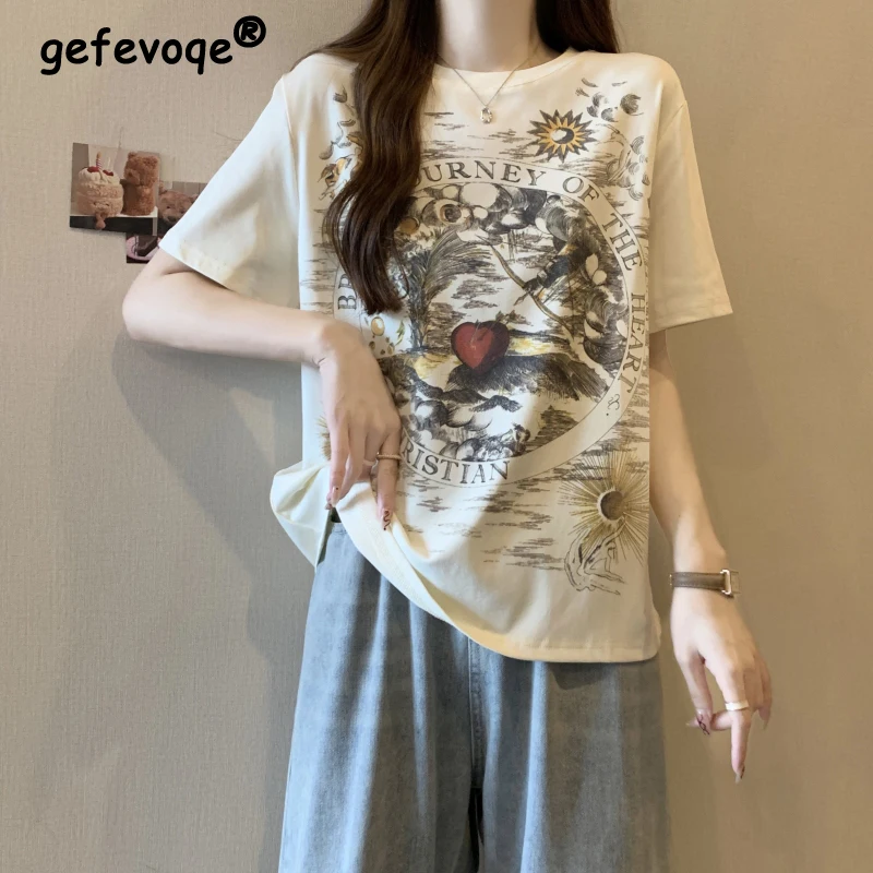 

Women Clothing 2024 Summer Trendy Print Harajuku Y2K Tees Casual Streetwear Short Sleeve T-shirt Female O Neck Loose Cotton Tops