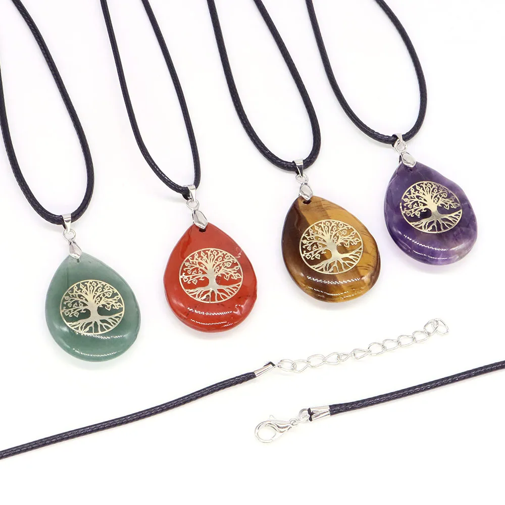 Water Drop Tree of Life Pendants Necklace Natural Healing Stone Amethyst Crystal Chakra Quartz Women Men Reiki Jewelry Love Gift