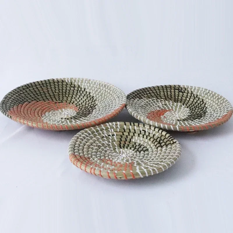 

-3pcs Boho Woven Wall Basket Decor Handmade Seagrass Hanging Decorative Tray Bowl Fruit Dessert Plate For Living Room Kitchen