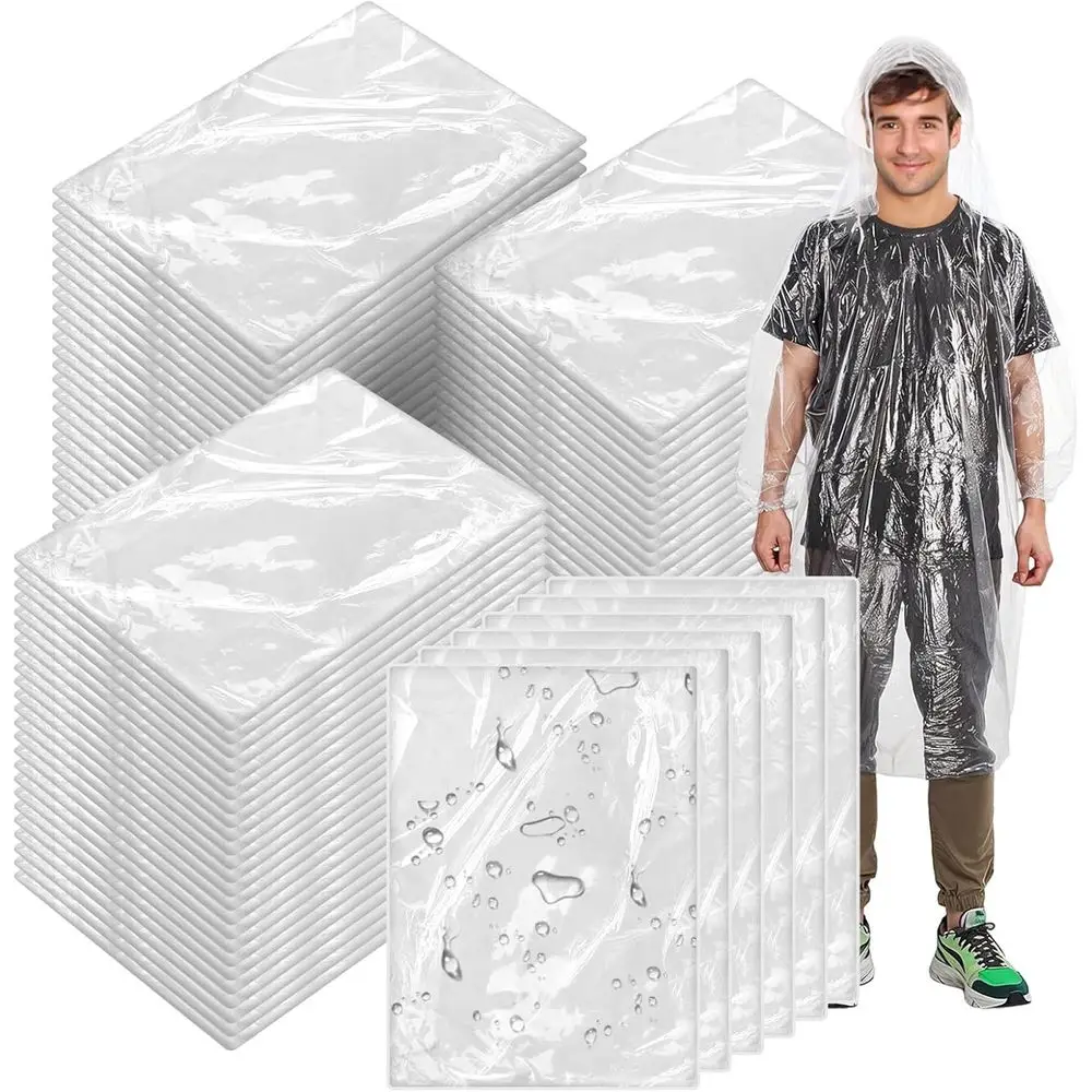 

50 одноразовых дождевиков с капюшоном, водонепроницаемые плащи-пончо для взрослых, семейный набор для кемпинга, походов и спорта