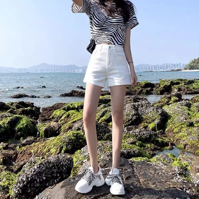 Casual White Denim Shorts For Women Summer High Waist A-line Slimming Korean Style Short Pants Plus Size Trendy Clothing