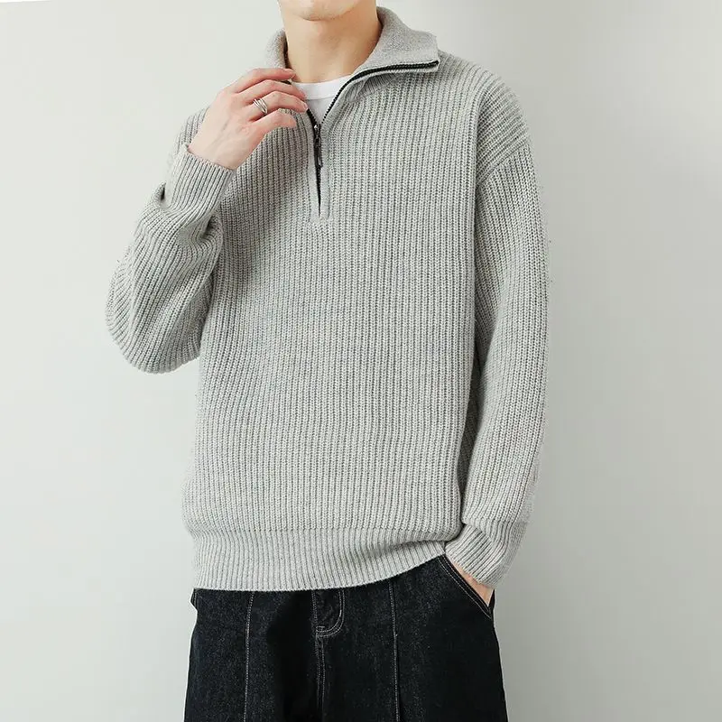 

Half Zipper Men Pullover Short Sweater Vintage Fashion Handsome Casual Thick Sweater Autumn Winter Male Warm Knit Sweater