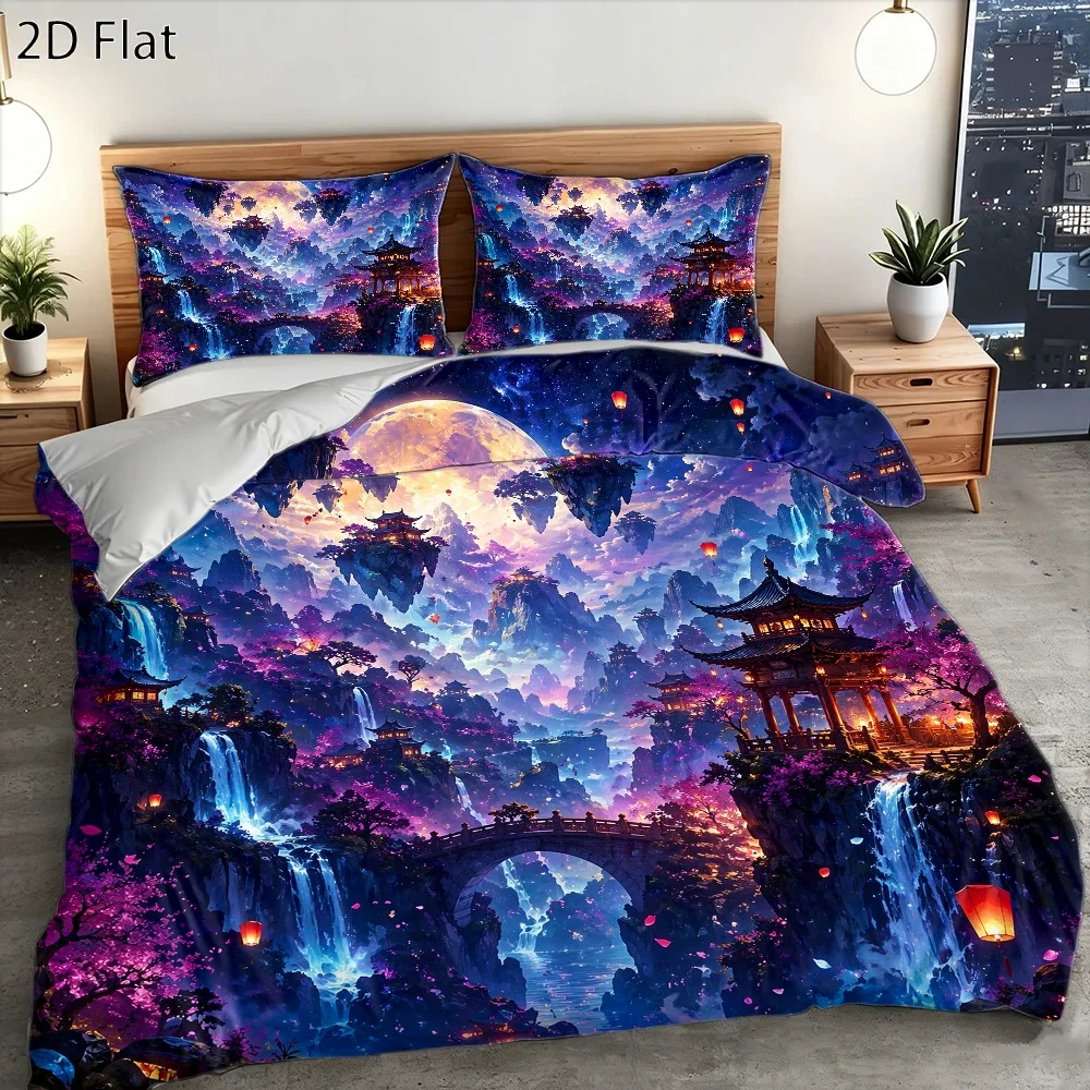 3Pc Dreamy Oriental Wonderland Quilt Cover Set, Three-Piece Bedding Set (1*Quilt Cover + 2*Pillowcases), Suitable for All Seasons, Machine Washable, with Invisible Zipper, Large Duvet Cover Set for Double Bed, Suitable for Home, Dormitory, Master Bedroom, Guest Room, Chinese Style Floating Mountain under the Moon, Lanterns, Waterfall, Cherry Blossom Bridge, Beautiful Three-Piece Bedding Set