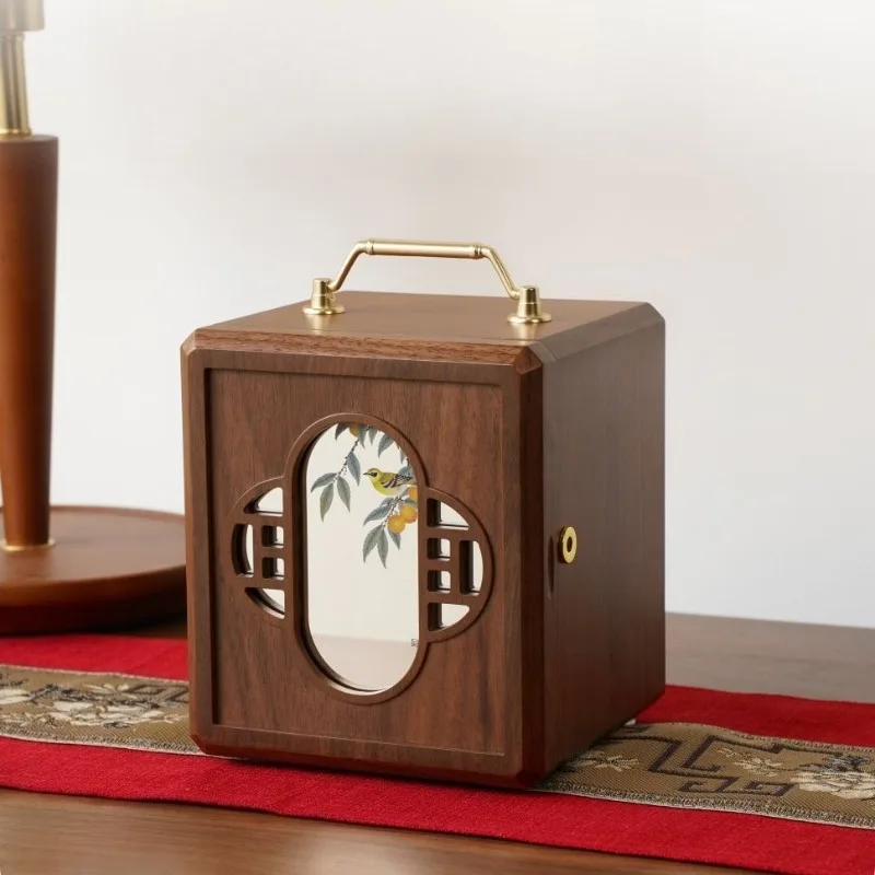 Portable mirror flower single open with lock jewelry box, new Chinese retro four-layer wooden storage box, Chinese style