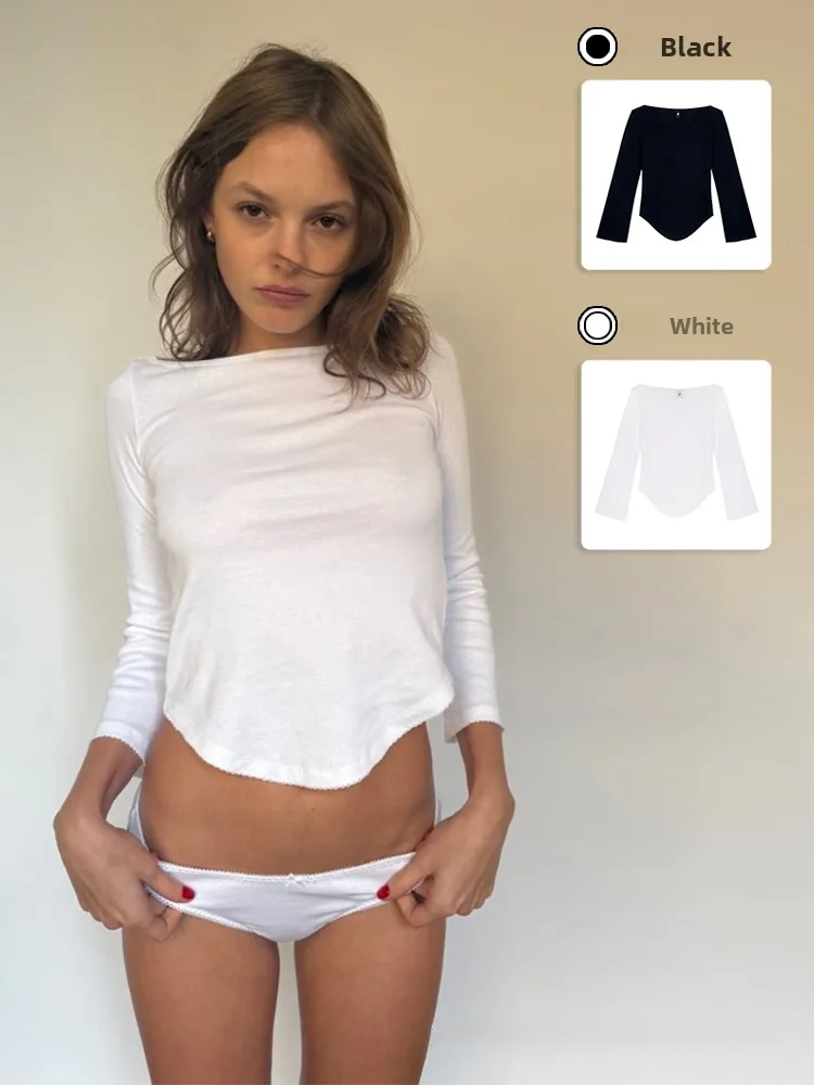 

COUCOU White Seven-Quarter Sve Top Одноразовый лодок Ne ort Design Bla Retro Flared Sve Cotton Moisture ng S...