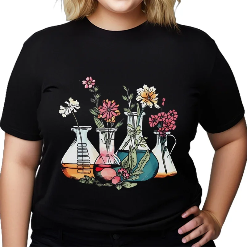 Technically Floral Beakers Print T-shirts Science Experiment Teacher Gift Shirt Short Sleeve