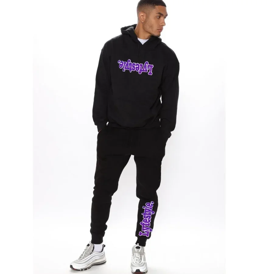 

2025 autumn and winter popular loose hoodies with inverted printed fashion, two windproof and warm fitness hoodies and pants