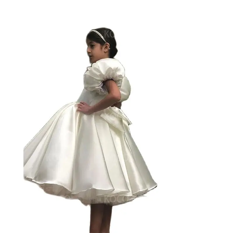 Exquisite Flower Girl Dress Puff Sleeve Satin Prom Pageant Vestido Birthday Dress Little Girl First Communion Ceremony