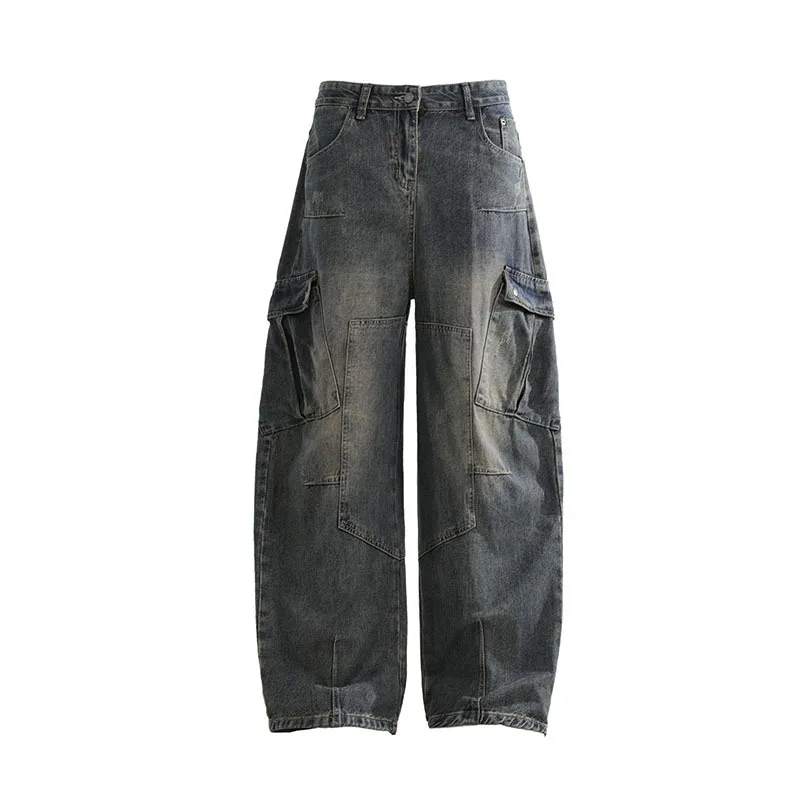 KIDWHXR Herren Cargo-Hose Vintage High Street Kontrastfarben Gewaschene Denim-Hose Retro Loose Fit Mittlere Taille Taschen Herrenhose – Detail 7