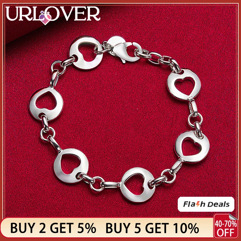 

URLOVER 925 Sterling Silver Round Hollow Heart Bracelets For Women Party Birthday Fashion Jewelry Engagement Wedding Accessories