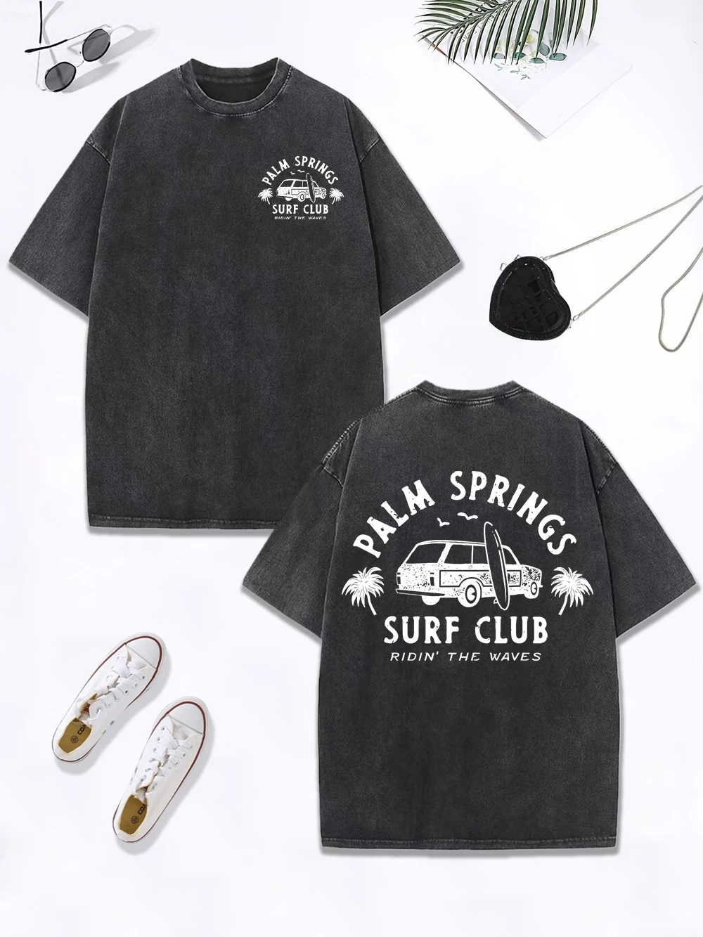 

Palm Springs Surf Club с принтом, стираная футболка, женские хлопковые топы большого размера, повседневная футболка с круглым вырезом и потертостями, летняя женская одежда