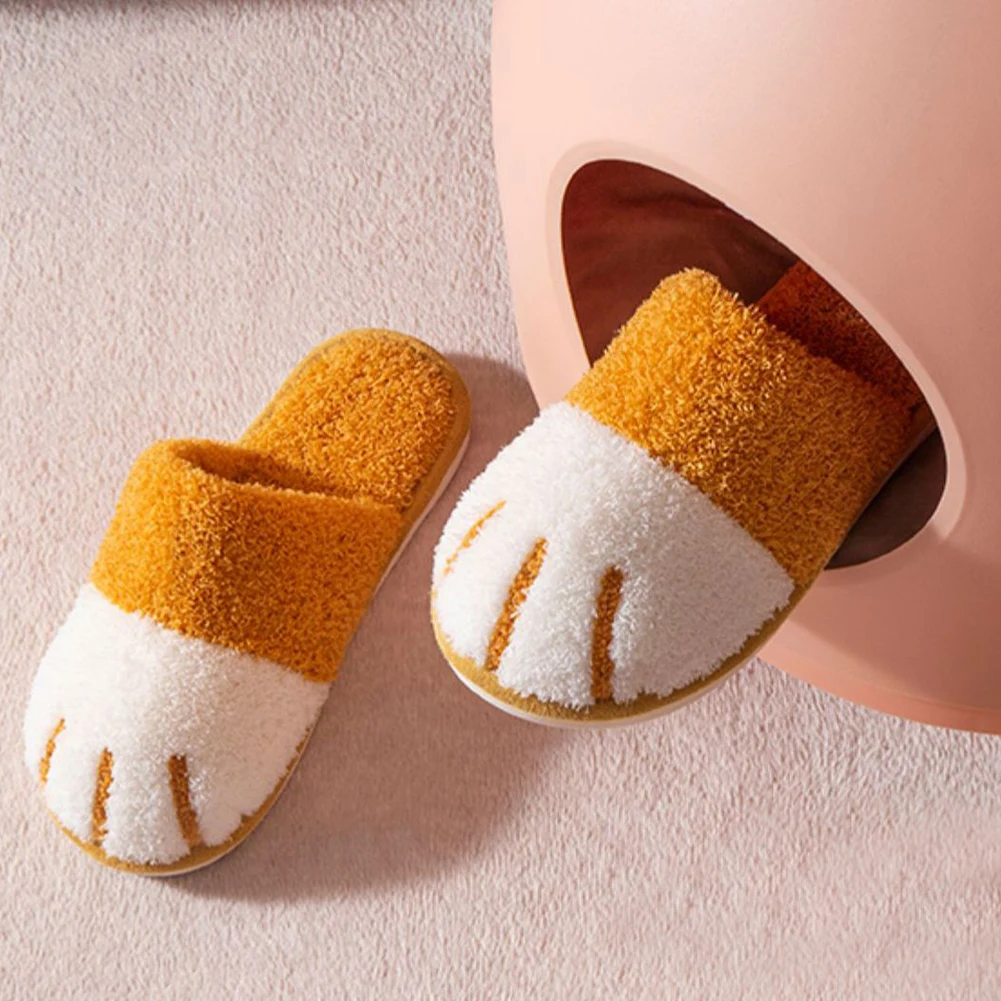 Plush Cat Paw Slippers Flat Thermal Slippers Comfortable Fluffy Home Slippers Furry Closed Toe Slippers for Living Room Bedroom