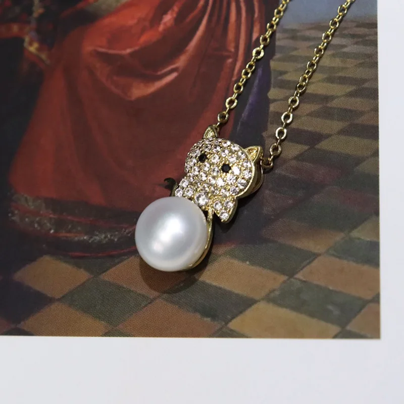 Cat Freshwater Pearl Pendant for Women 8-9mm Fashion Simple Versatile Collarbone Chain Necklace Holiday Gift for Girlfriend 085 2